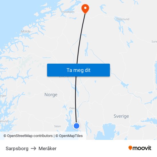 Sarpsborg to Meråker map