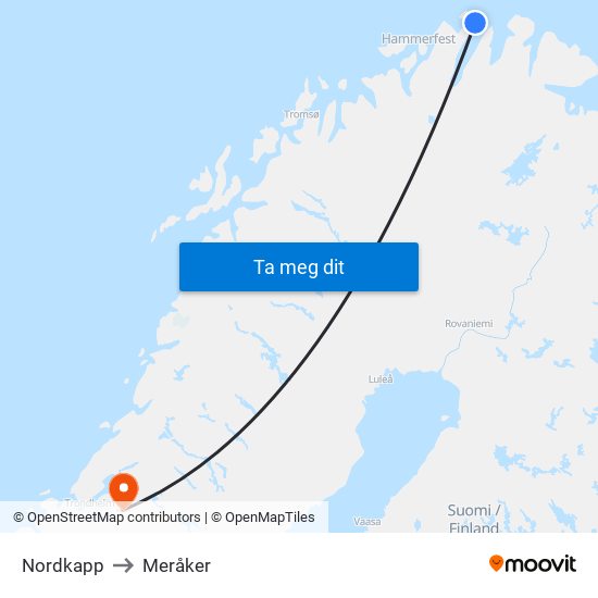 Nordkapp to Meråker map