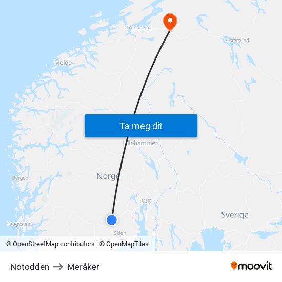 Notodden to Meråker map