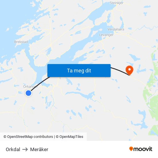 Orkdal to Meråker map