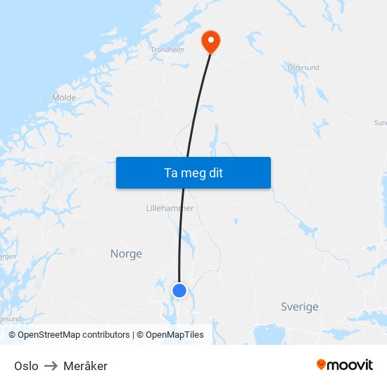 Oslo to Meråker map