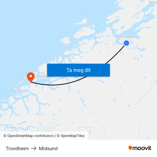 Trondheim to Midsund map