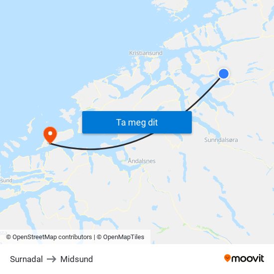 Surnadal to Midsund map