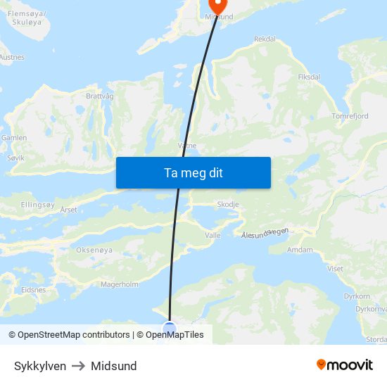 Sykkylven to Midsund map