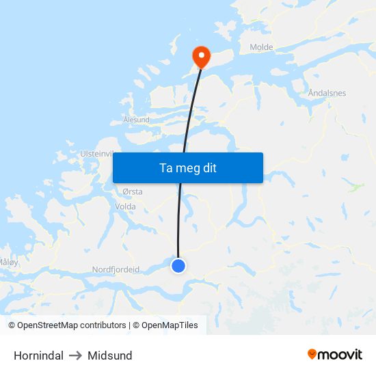 Hornindal to Midsund map