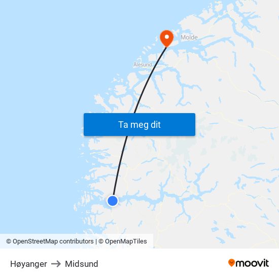 Høyanger to Midsund map