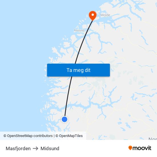 Masfjorden to Midsund map