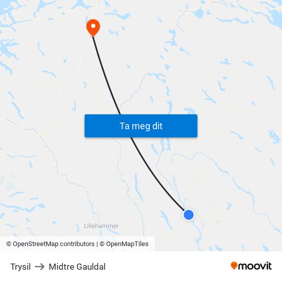 Trysil to Midtre Gauldal map