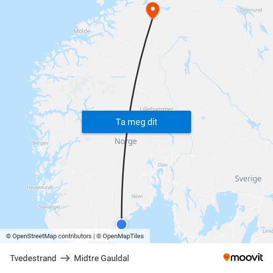 Tvedestrand to Midtre Gauldal map