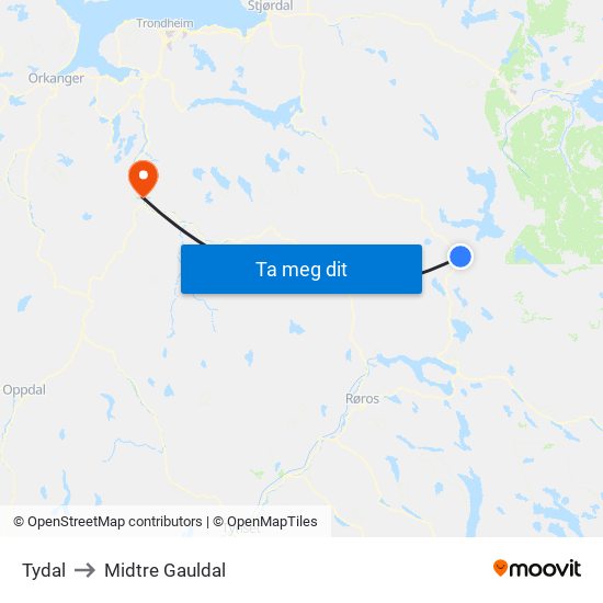 Tydal to Midtre Gauldal map