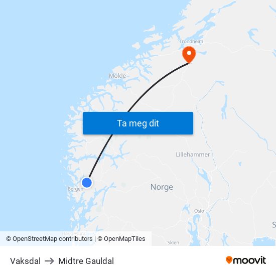 Vaksdal to Midtre Gauldal map