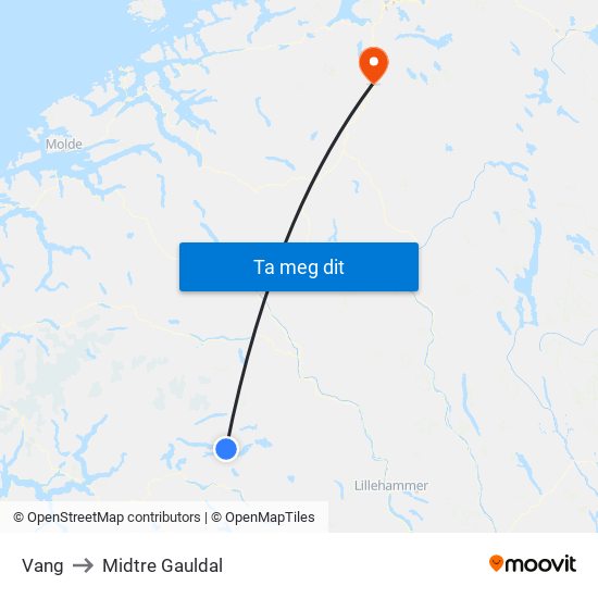 Vang to Midtre Gauldal map