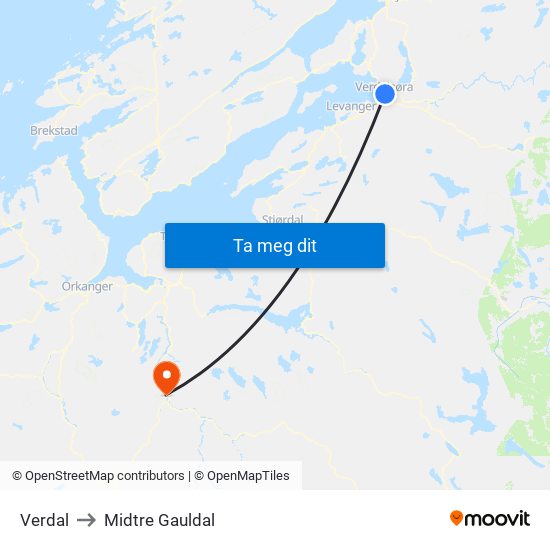 Verdal to Midtre Gauldal map