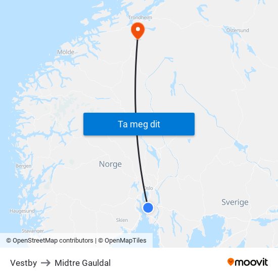 Vestby to Midtre Gauldal map