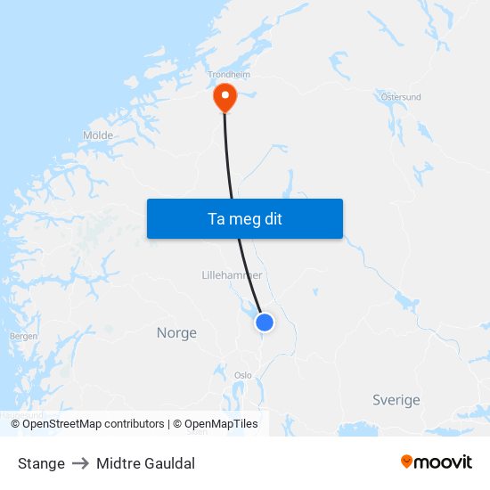 Stange to Midtre Gauldal map