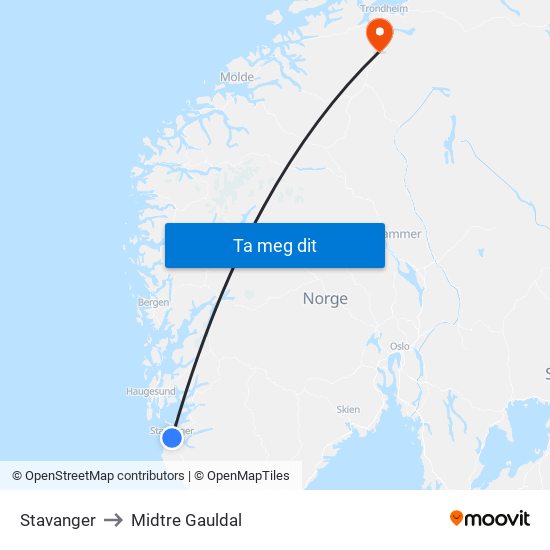 Stavanger to Midtre Gauldal map