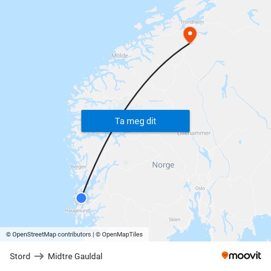 Stord to Midtre Gauldal map