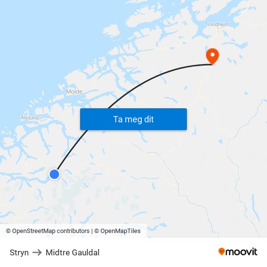 Stryn to Midtre Gauldal map