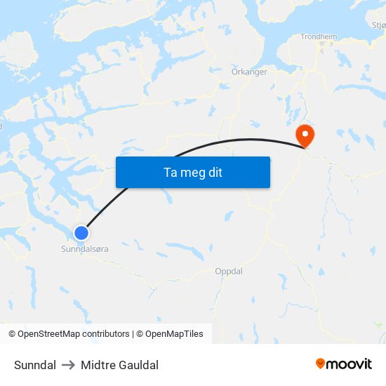 Sunndal to Midtre Gauldal map