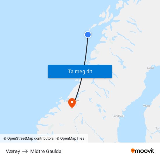 Værøy to Midtre Gauldal map