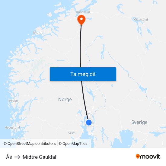 Ås to Midtre Gauldal map