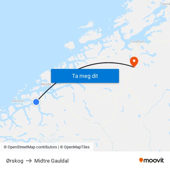 Ørskog to Midtre Gauldal map