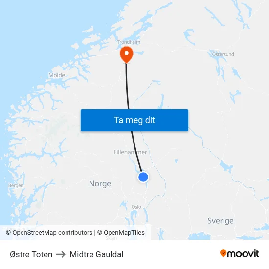 Østre Toten to Midtre Gauldal map