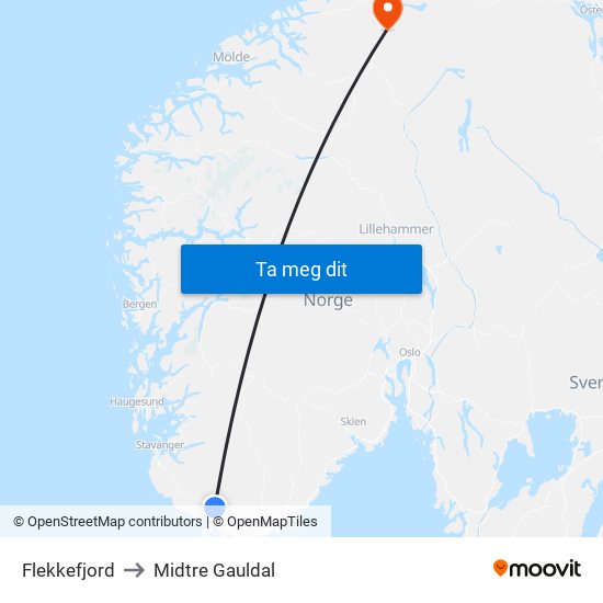 Flekkefjord to Midtre Gauldal map