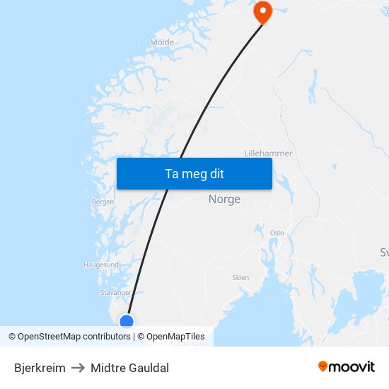 Bjerkreim to Midtre Gauldal map