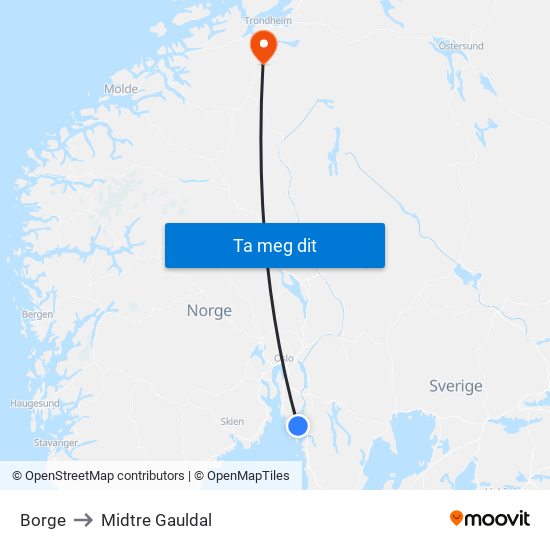 Borge to Midtre Gauldal map