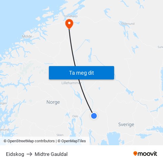 Eidskog to Midtre Gauldal map