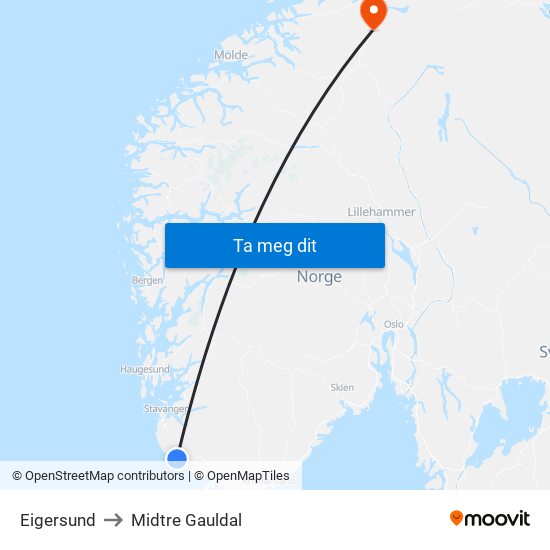 Eigersund to Midtre Gauldal map