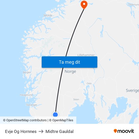 Evje Og Hornnes to Midtre Gauldal map