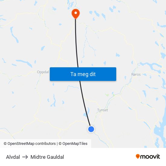 Alvdal to Midtre Gauldal map