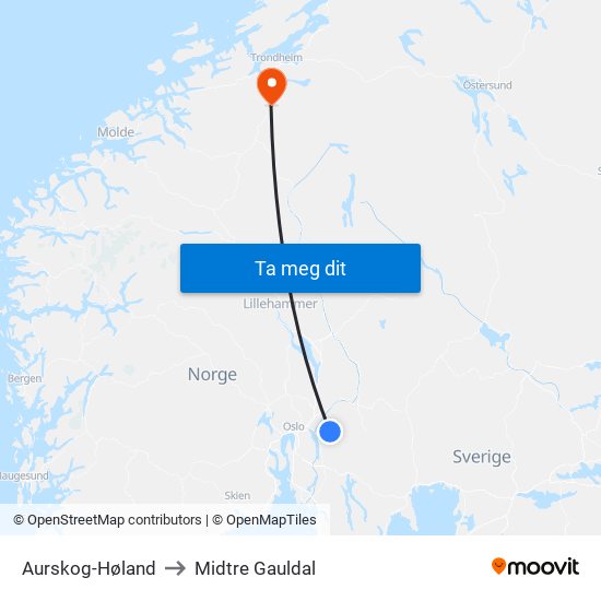 Aurskog-Høland to Midtre Gauldal map