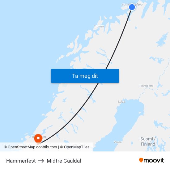 Hammerfest to Midtre Gauldal map