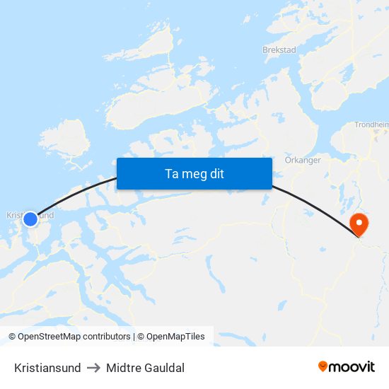 Kristiansund to Midtre Gauldal map