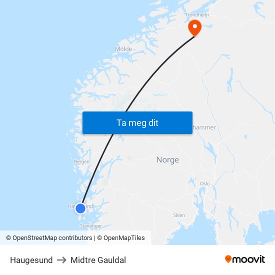 Haugesund to Midtre Gauldal map