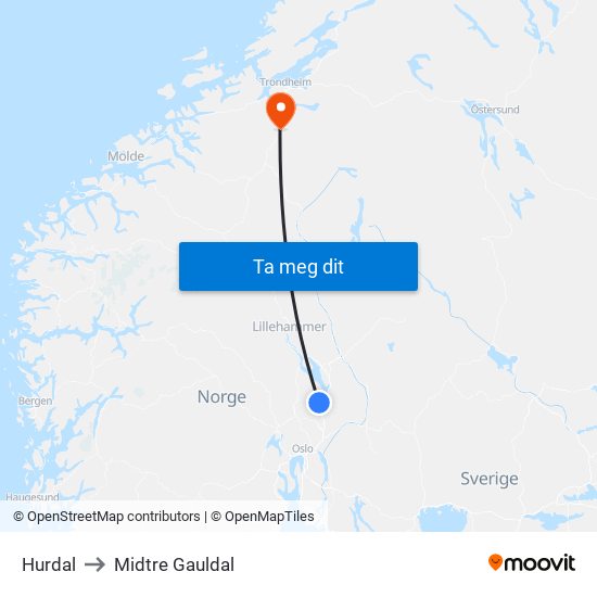 Hurdal to Midtre Gauldal map
