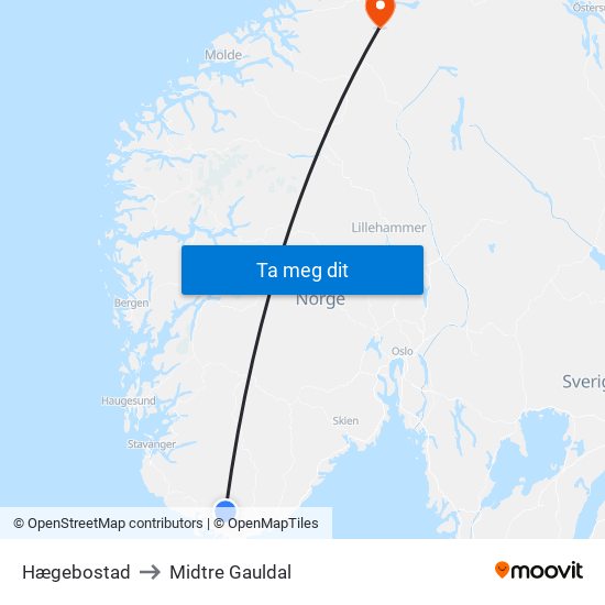 Hægebostad to Midtre Gauldal map