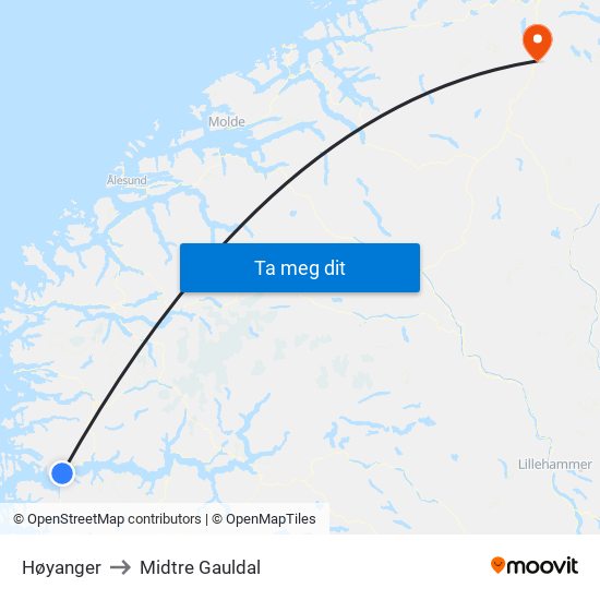 Høyanger to Midtre Gauldal map