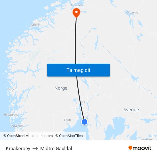Kraakeroey to Midtre Gauldal map