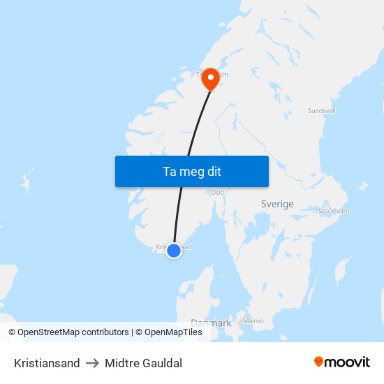 Kristiansand to Midtre Gauldal map