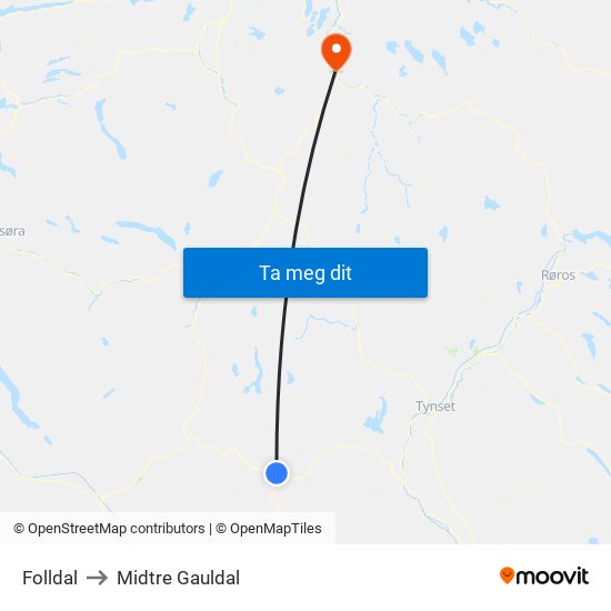 Folldal to Midtre Gauldal map