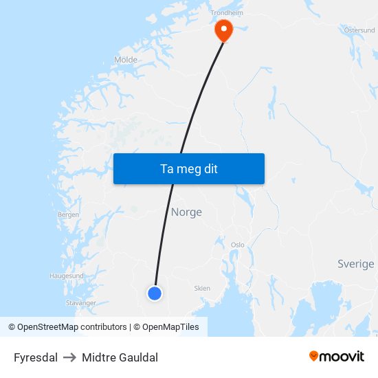 Fyresdal to Midtre Gauldal map