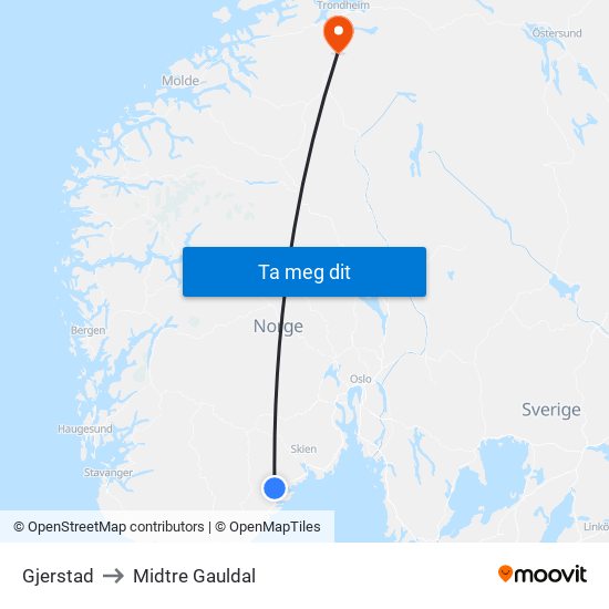 Gjerstad to Midtre Gauldal map