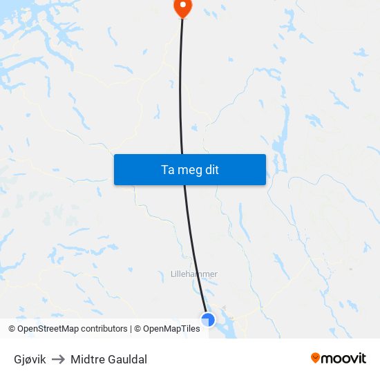 Gjøvik to Midtre Gauldal map