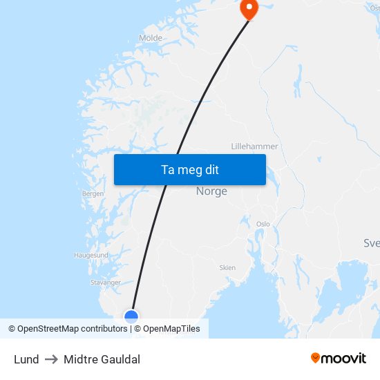 Lund to Midtre Gauldal map
