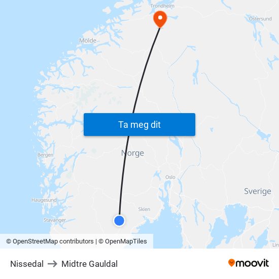 Nissedal to Midtre Gauldal map