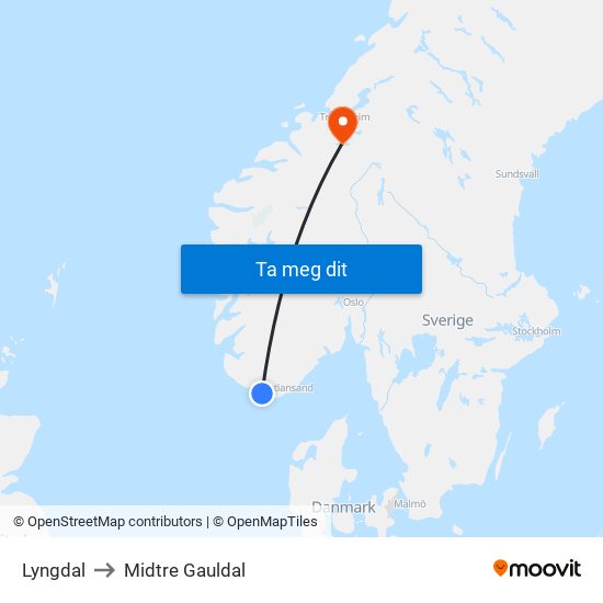 Lyngdal to Midtre Gauldal map